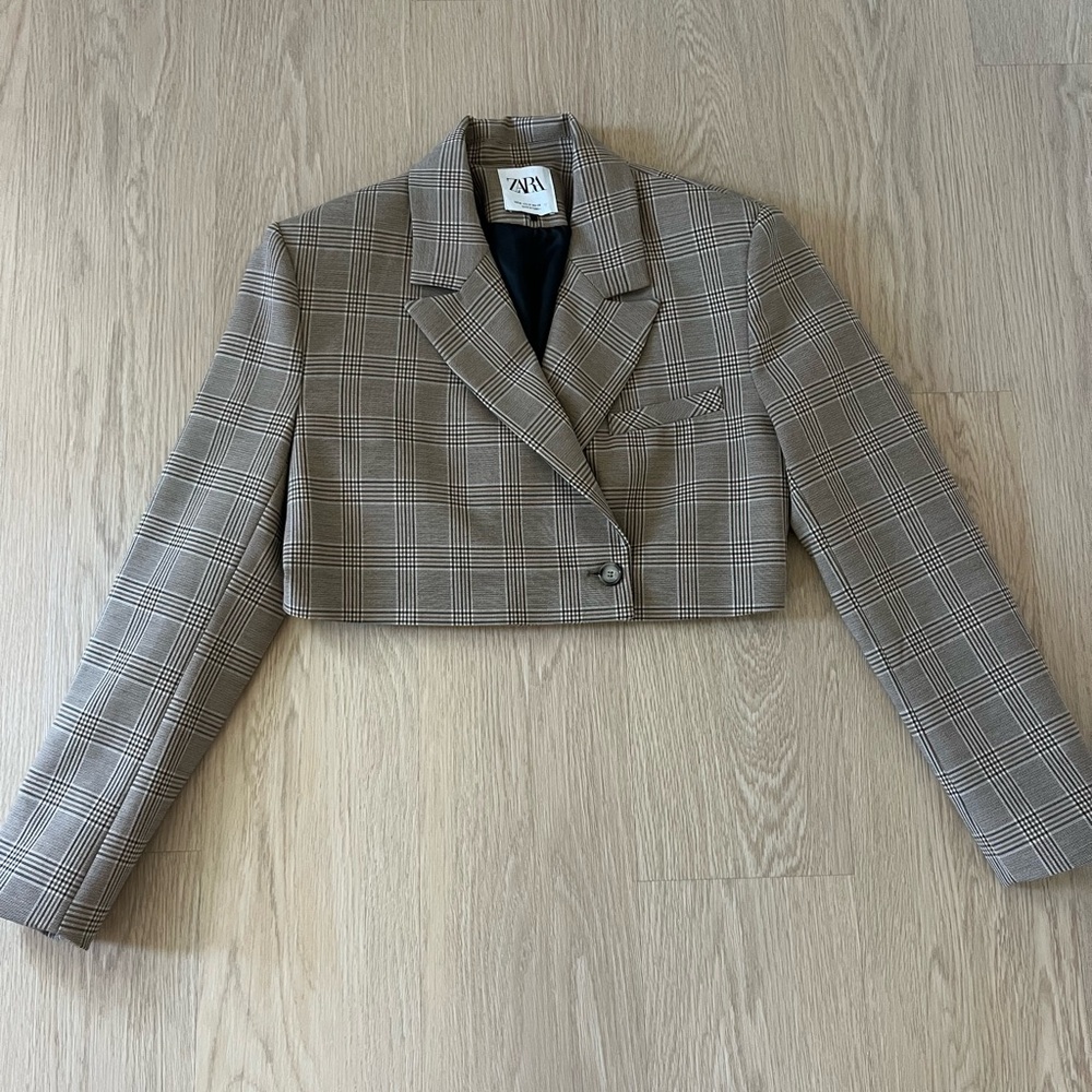 Zara Women's Tan Checkered Cropped Blazer